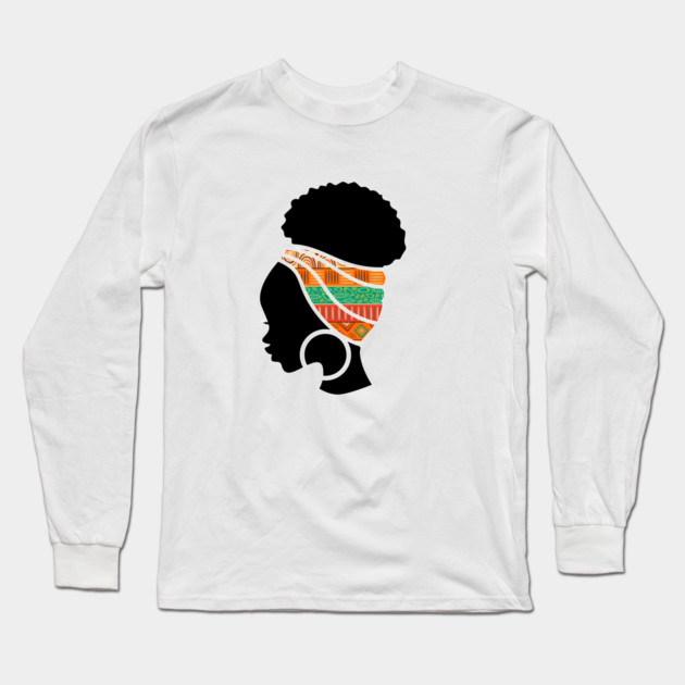 Afro Hair Woman with African Pattern Headwrap Long Sleeve T-Shirt by logiamerch