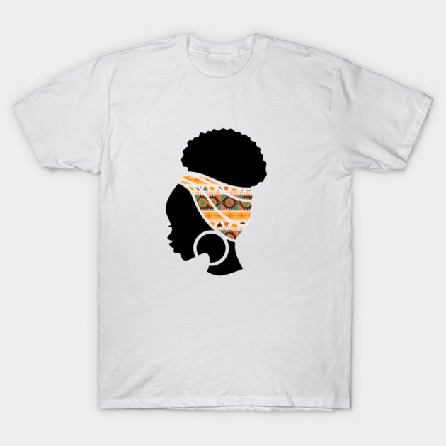 Afro Hair Woman with African Pattern Headwrap T-Shirt by logiamerch
