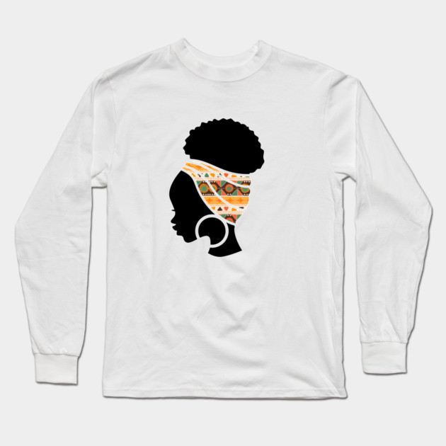 Afro Hair Woman with African Pattern Headwrap Long Sleeve T-Shirt by logiamerch