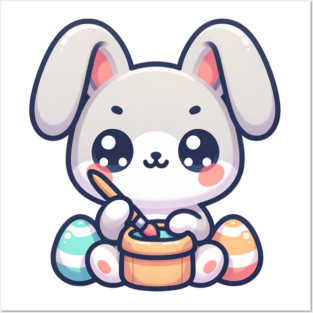 Cute easterbunny painting eggs in kawaii style Posters and Art