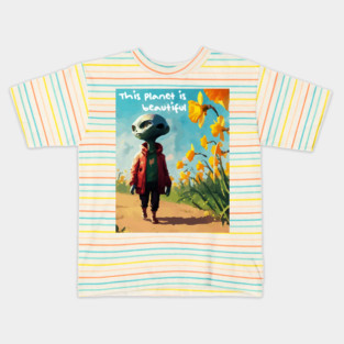 Alien walking through a vast field of yellow daffodils Kids T-Shirt