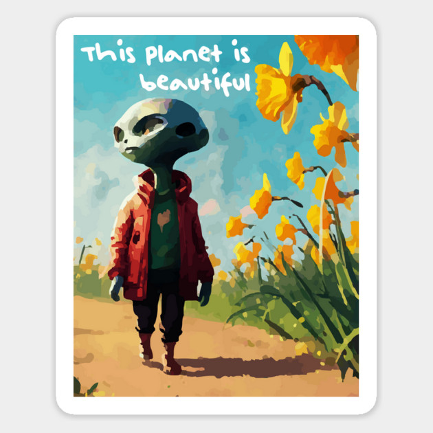 Alien walking through a vast field of yellow daffodils Magnet by Megadorim