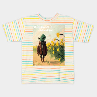 Alien walking through a vast field of yellow daffodils 2 Kids T-Shirt