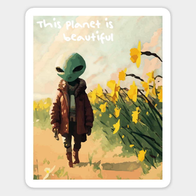 Alien walking through a vast field of yellow daffodils 2 Magnet by Megadorim