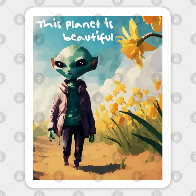 Alien walking through a vast field of yellow daffodils 3 Sticker by Megadorim