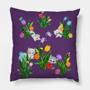 Cats flowers butterflies bees springtime art Pillow