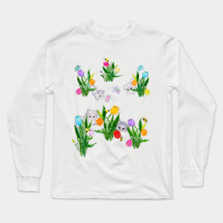 Cats flowers butterflies bees springtime art Long Sleeve T-Shirt