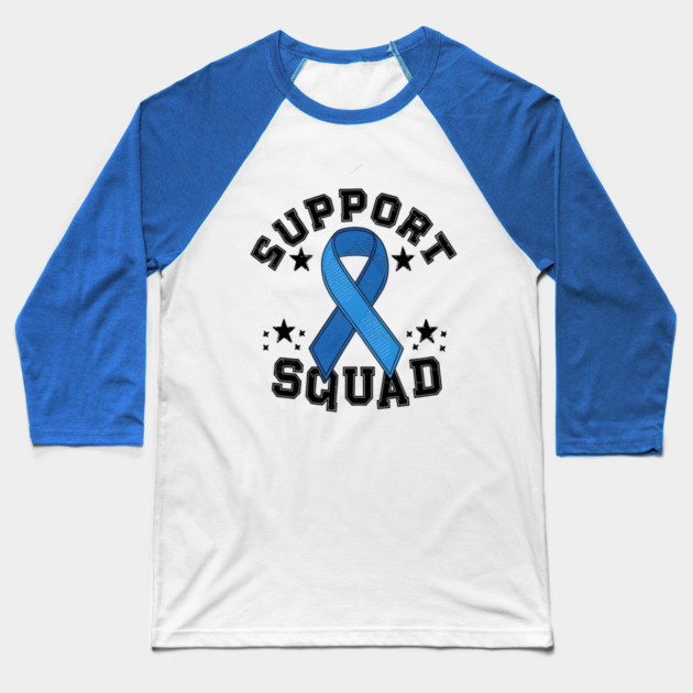 Colon Cancer Awareness " Support Squad " Blue Ribbon Baseball T-Shirt by Pixel Threads 