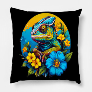 Chameleon Surrounded by Vibrant Spring Flowers Pillow