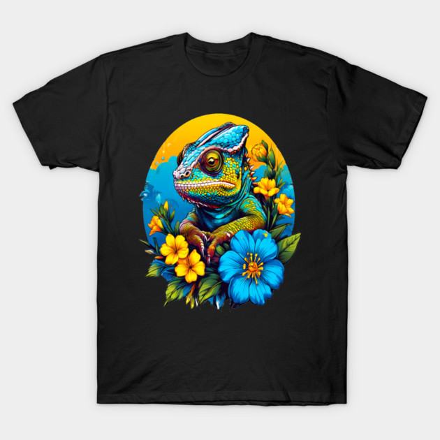 Chameleon Surrounded by Vibrant Spring Flowers T-Shirt by BirdsnStuff
