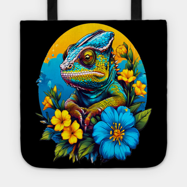 Chameleon Surrounded by Vibrant Spring Flowers Tote by BirdsnStuff