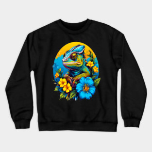 Chameleon Surrounded by Vibrant Spring Flowers Crewneck Sweatshirt