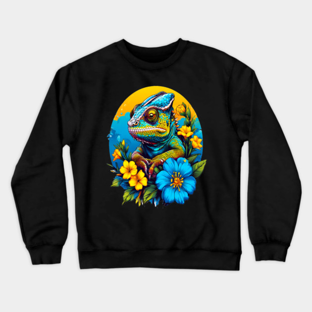 Chameleon Surrounded by Vibrant Spring Flowers Crewneck Sweatshirt by BirdsnStuff