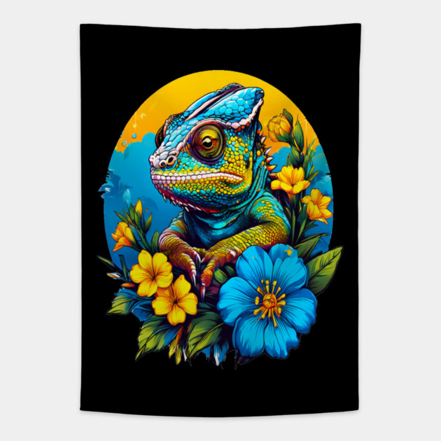 Chameleon Surrounded by Vibrant Spring Flowers Tapestry by BirdsnStuff
