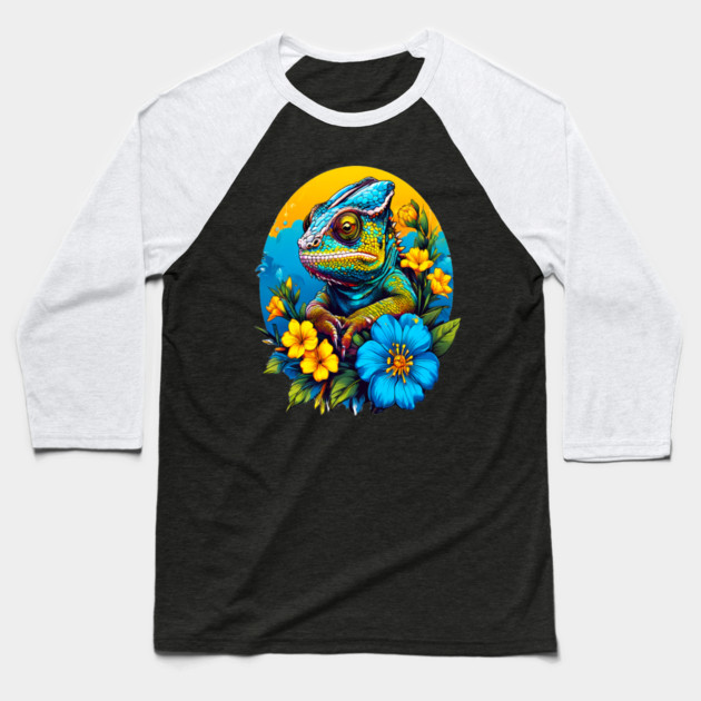 Chameleon Surrounded by Vibrant Spring Flowers Baseball T-Shirt by BirdsnStuff