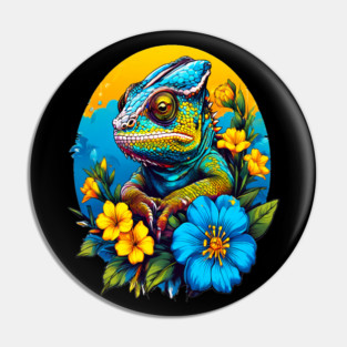 Chameleon Surrounded by Vibrant Spring Flowers Pin