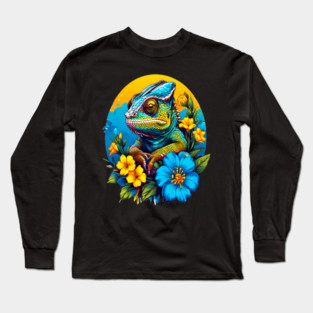 Chameleon Surrounded by Vibrant Spring Flowers Long Sleeve T-Shirt