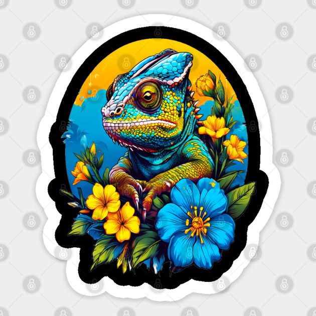 Chameleon Surrounded by Vibrant Spring Flowers Sticker by BirdsnStuff