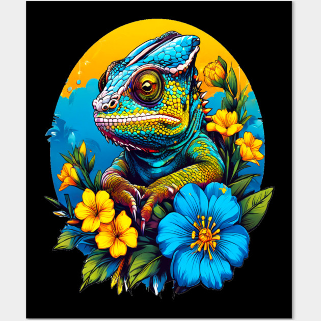 Chameleon Surrounded by Vibrant Spring Flowers Wall Art by BirdsnStuff