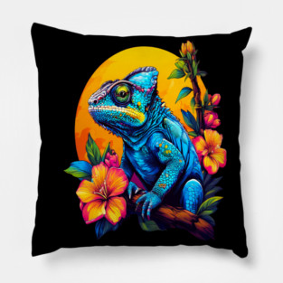 Chameleon Surrounded by Vibrant Spring Flowers Pillow