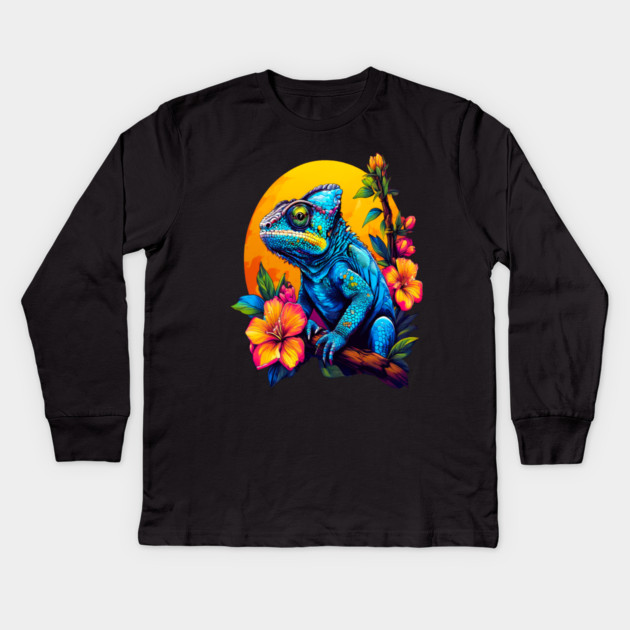 Chameleon Surrounded by Vibrant Spring Flowers Kids Long Sleeve T-Shirt by BirdsnStuff
