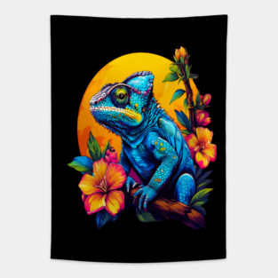 Chameleon Surrounded by Vibrant Spring Flowers Tapestry