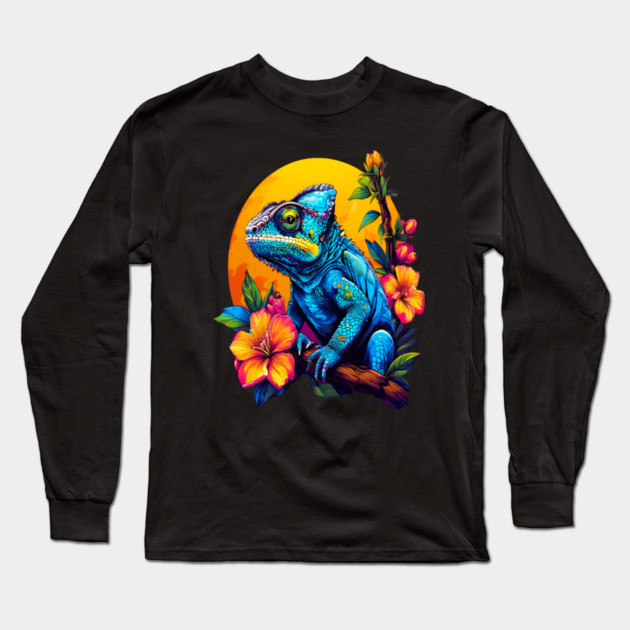 Chameleon Surrounded by Vibrant Spring Flowers Long Sleeve T-Shirt by BirdsnStuff