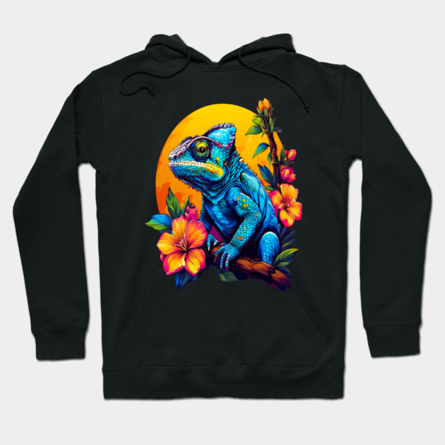 Chameleon Surrounded by Vibrant Spring Flowers Hoodie by BirdsnStuff
