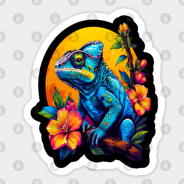 Chameleon Surrounded by Vibrant Spring Flowers Sticker by BirdsnStuff