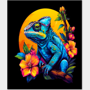 Chameleon Surrounded by Vibrant Spring Flowers Posters and Art