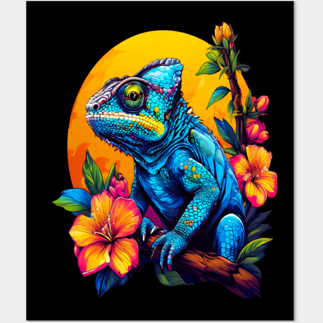 Chameleon Surrounded by Vibrant Spring Flowers Wall Art by BirdsnStuff