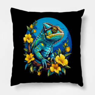 Chameleon Surrounded by Vibrant Spring Flowers Pillow