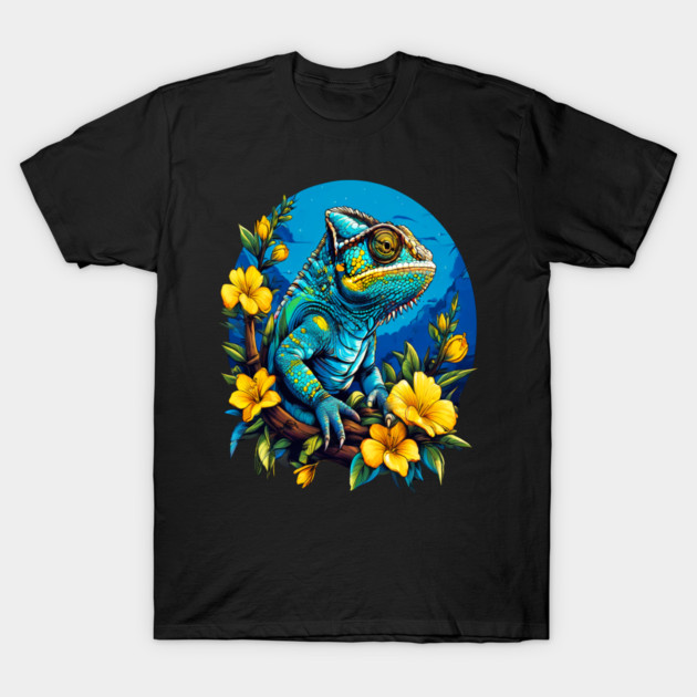 Chameleon Surrounded by Vibrant Spring Flowers T-Shirt by BirdsnStuff