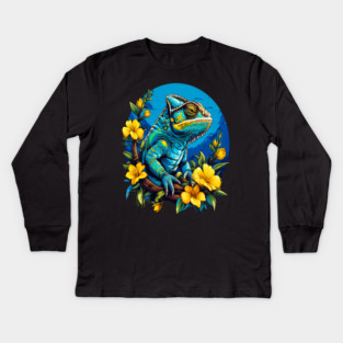 Chameleon Surrounded by Vibrant Spring Flowers Kids Long Sleeve T-Shirt