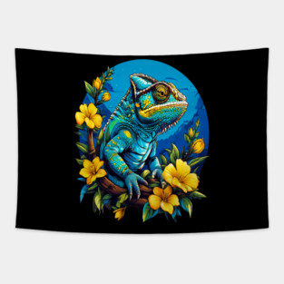 Chameleon Surrounded by Vibrant Spring Flowers Tapestry