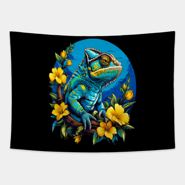 Chameleon Surrounded by Vibrant Spring Flowers Tapestry by BirdsnStuff