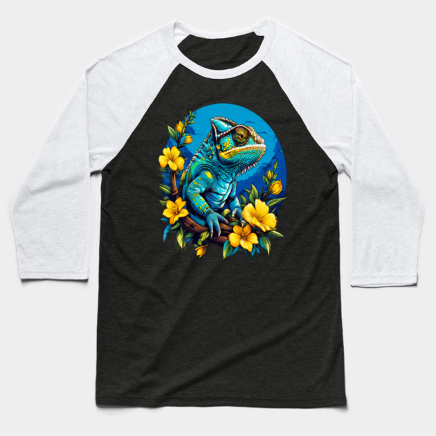 Chameleon Surrounded by Vibrant Spring Flowers Baseball T-Shirt by BirdsnStuff
