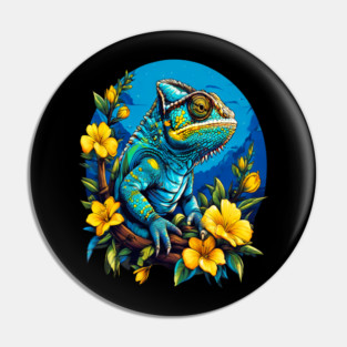 Chameleon Surrounded by Vibrant Spring Flowers Pin