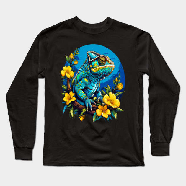 Chameleon Surrounded by Vibrant Spring Flowers Long Sleeve T-Shirt by BirdsnStuff