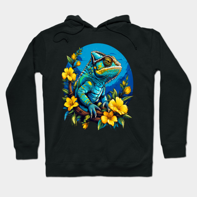 Chameleon Surrounded by Vibrant Spring Flowers Hoodie by BirdsnStuff