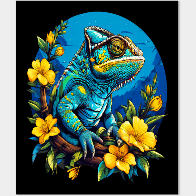 Chameleon Surrounded by Vibrant Spring Flowers Wall Art by BirdsnStuff