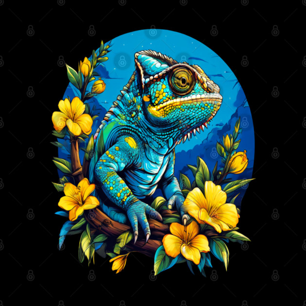 Chameleon Surrounded by Vibrant Spring Flowers by BirdsnStuff