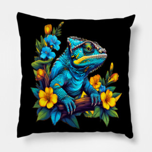 Chameleon Surrounded by Vibrant Spring Flowers Pillow