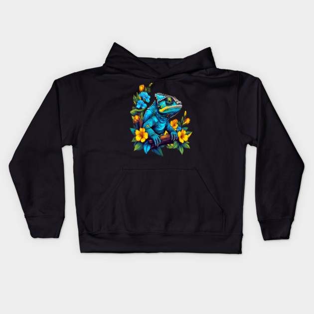 Chameleon Surrounded by Vibrant Spring Flowers Kids Hoodie by BirdsnStuff