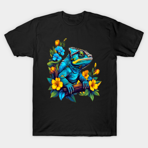 Chameleon Surrounded by Vibrant Spring Flowers T-Shirt by BirdsnStuff