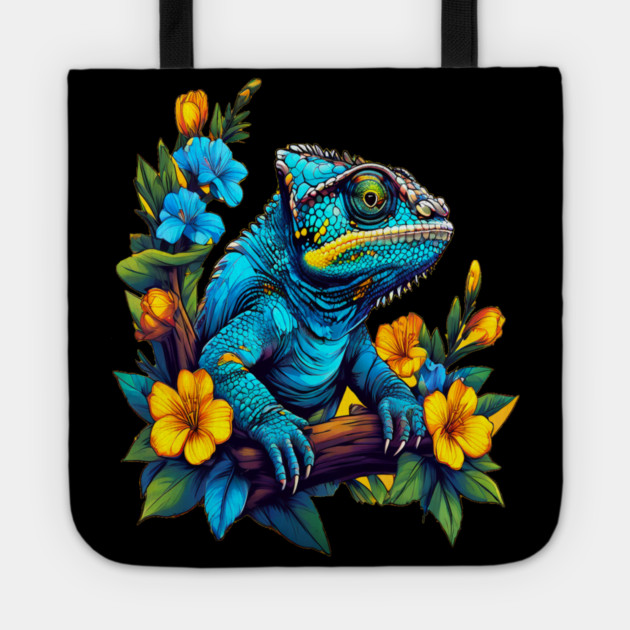 Chameleon Surrounded by Vibrant Spring Flowers Tote by BirdsnStuff