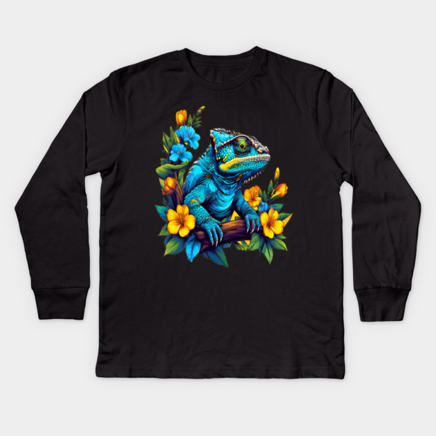 Chameleon Surrounded by Vibrant Spring Flowers Kids Long Sleeve T-Shirt by BirdsnStuff
