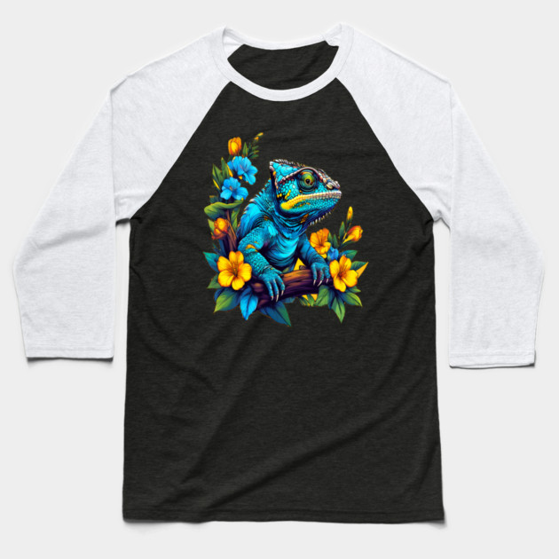 Chameleon Surrounded by Vibrant Spring Flowers Baseball T-Shirt by BirdsnStuff