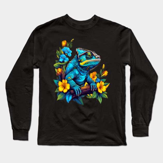 Chameleon Surrounded by Vibrant Spring Flowers Long Sleeve T-Shirt by BirdsnStuff