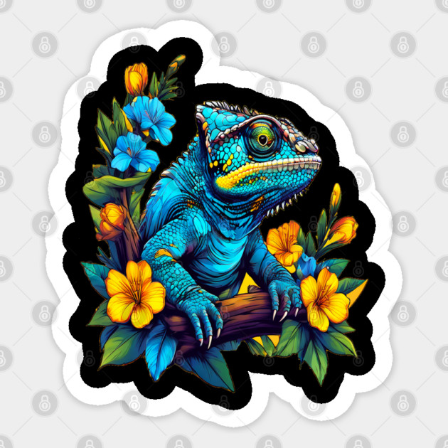 Chameleon Surrounded by Vibrant Spring Flowers Sticker by BirdsnStuff